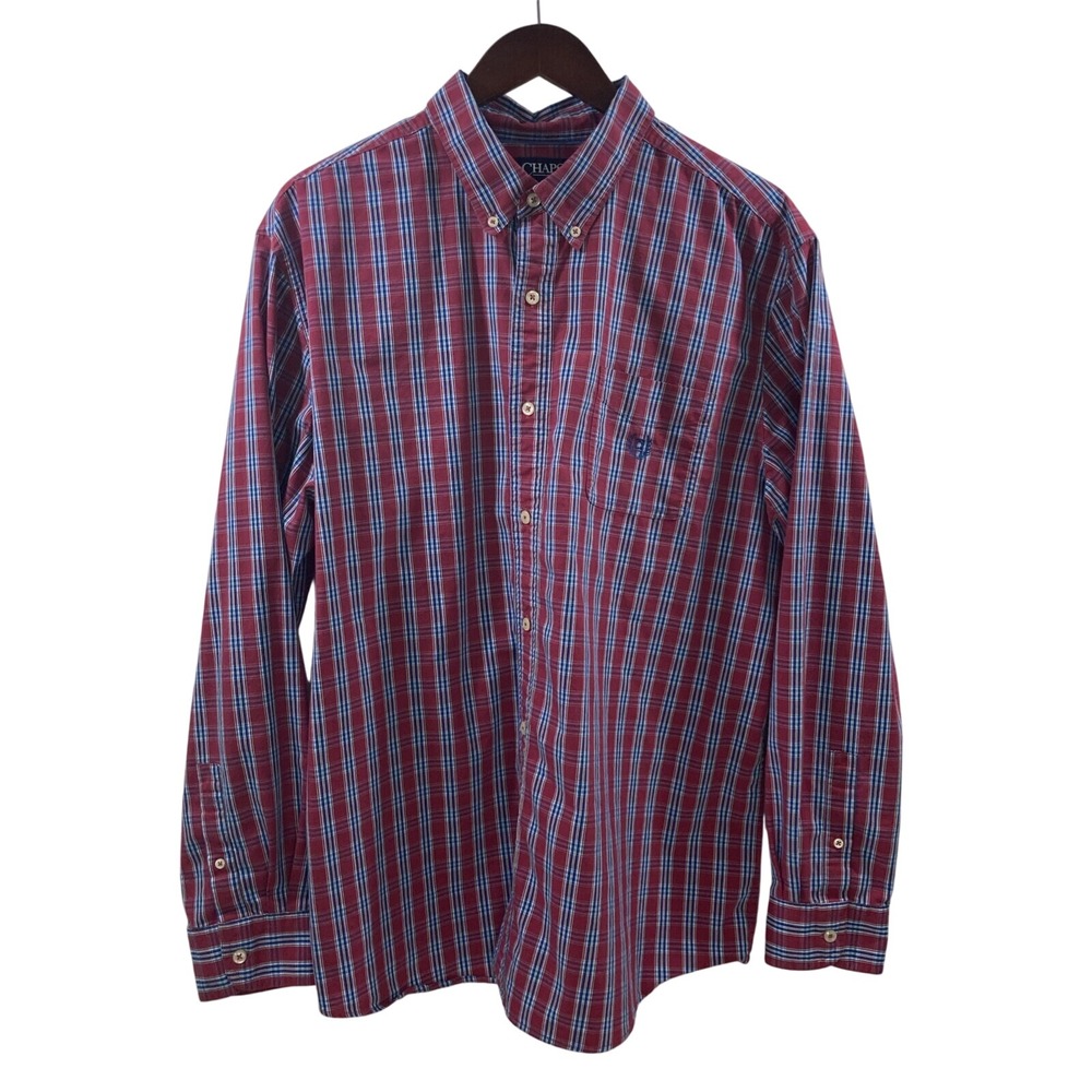 Chaps Men XXL Red and Blue Plaid Button Down Shirt Long Sleeves Stretch